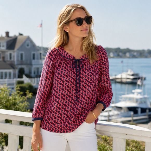 Vineyard Vines Tops - Vineyard Vines Silk Tunic Top Pink Navy Tie Neck Blouse Womens XS Preppy Coastal